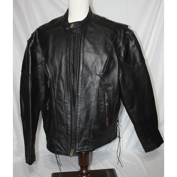HOT LEATHERS Men's 52 Black Motorcycle Jacket Full Zip Cafe Racer Braided Zips